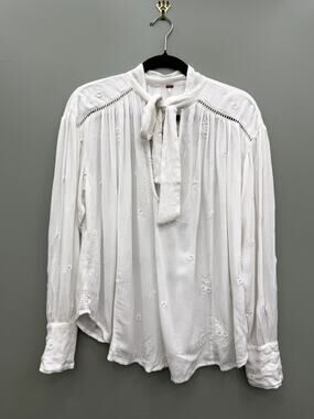 Free People Lightweight Embroidered Boho Peasant Top White XS